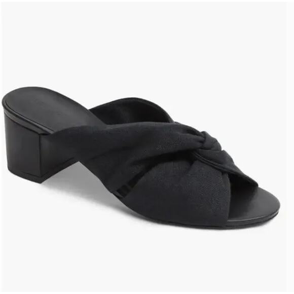 Rebecca Allen Twist Heels 10 Black Linen NWOT Sandals Mules Slip On Travel - Picture 1 of 11